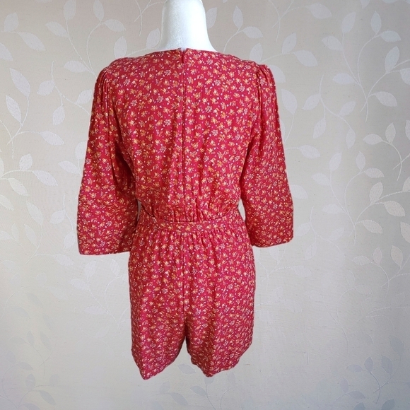 Madewell Floral Romper Shorts Retro V-Neck Tie Waist French Cottage Twee Red 4 - Picture 10 of 16